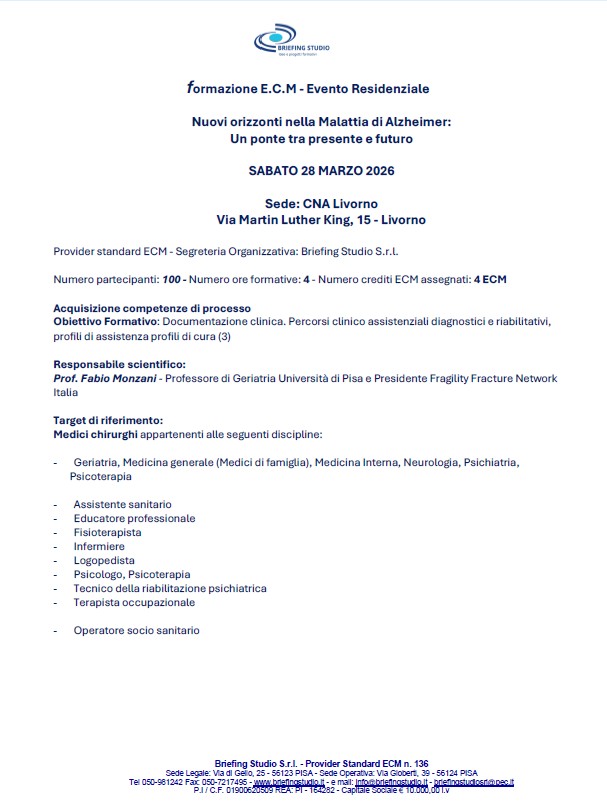 Clicca per accedere all'articolo Corso ECM "Nuovi orizzonti nella Malattia di Alzheimer: Un ponte tra presente e futuro" - Livorno 28 Marzo 2026